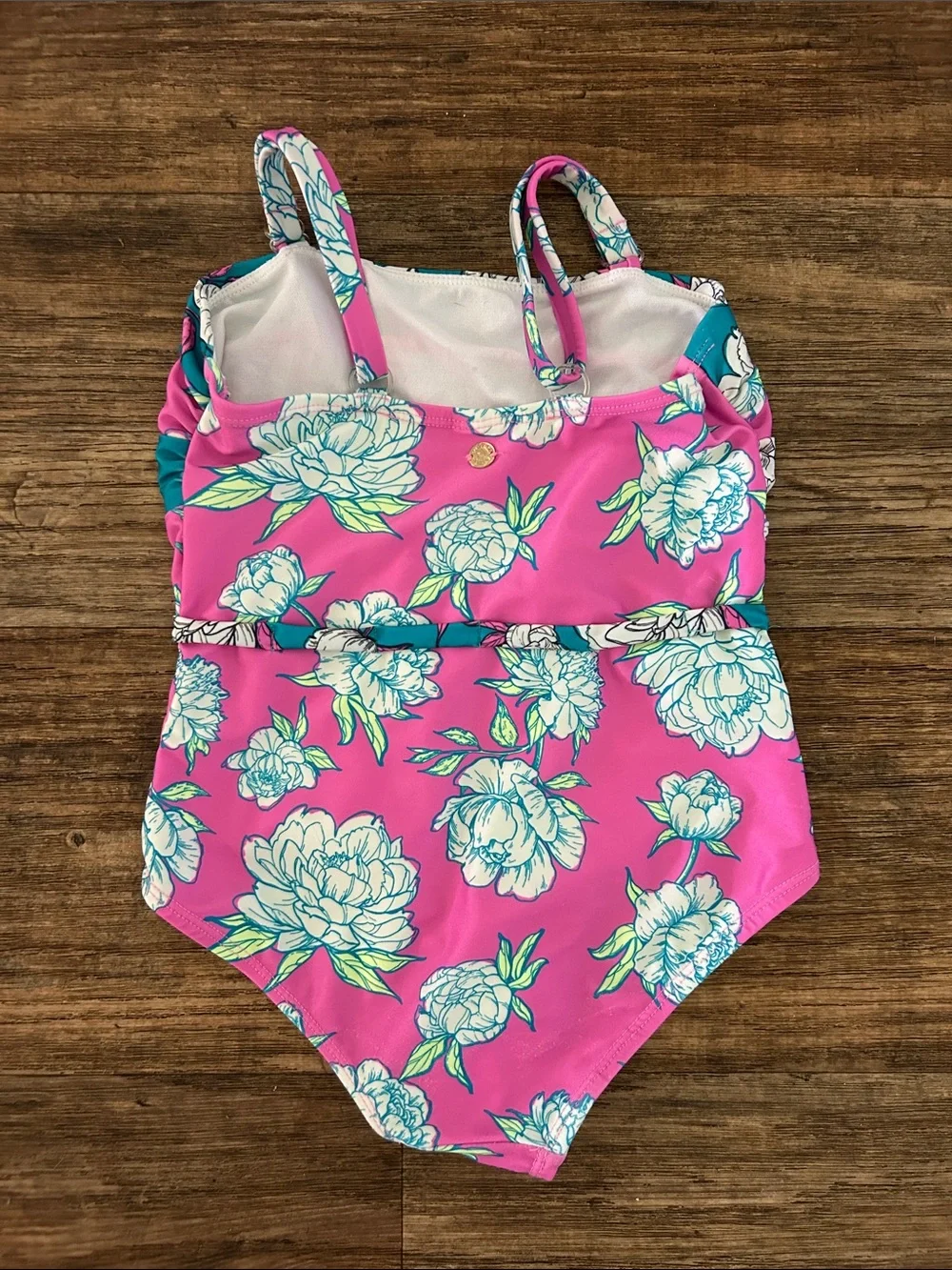 Justice Girls Pink and Teal Floral One-Piece Swimsuit